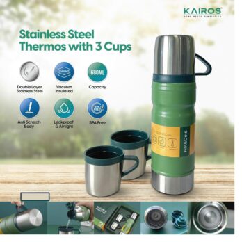 STAINLESS STEEL THERMOS WITH 3 CUPS